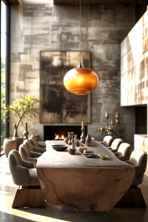 Exceptional L-Shaped Suar Wood Table – Single Slab, Seats 11 to 13 People An exceptional L-shaped table made from a single slab of Suar wood, designed to seat 11 to 13 people.