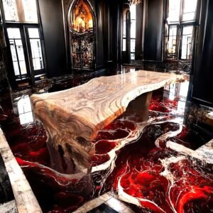 A unique L-shaped Suar wood table, a sculptural masterpiece designed to seat 11 to 13 people.