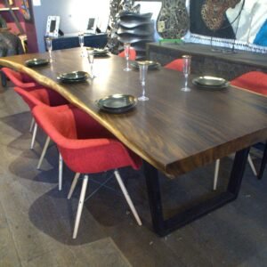 Organic Suar wood dining table, 300 cm long, seating 10 to 12 people, with black steel legs.