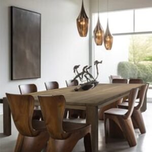 “Striking 300 cm long, 150 cm wide recycled teak table, seating 12 with a wide surface and bold design, perfect for large gatherings and both indoor and outdoor use.